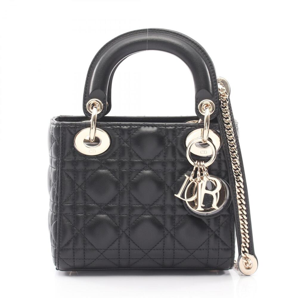 Christian Dior Lady Cannage Handbag Leather Black